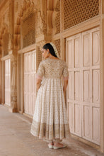 Load image into Gallery viewer, Nafees - Daisy Ivory Kalidaar Anarkali Set with Palazzo &amp; Dupatta
