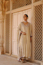 Load image into Gallery viewer, Rooh – Gold Tissue Long Kalidaar Anarkali Set with Palazzo &amp; Dupatta
