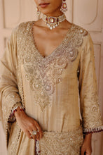 Load image into Gallery viewer, Rooh – Gold Tissue Long Kalidaar Anarkali Set with Palazzo &amp; Dupatta
