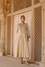Load image into Gallery viewer, Rooh – Gold Tissue Long Kalidaar Anarkali Set with Palazzo &amp; Dupatta
