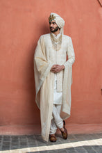 Load image into Gallery viewer, BEIGE MONGA EMBROIDERED ACHKAN WITH KURTA AND CHURIDAR
