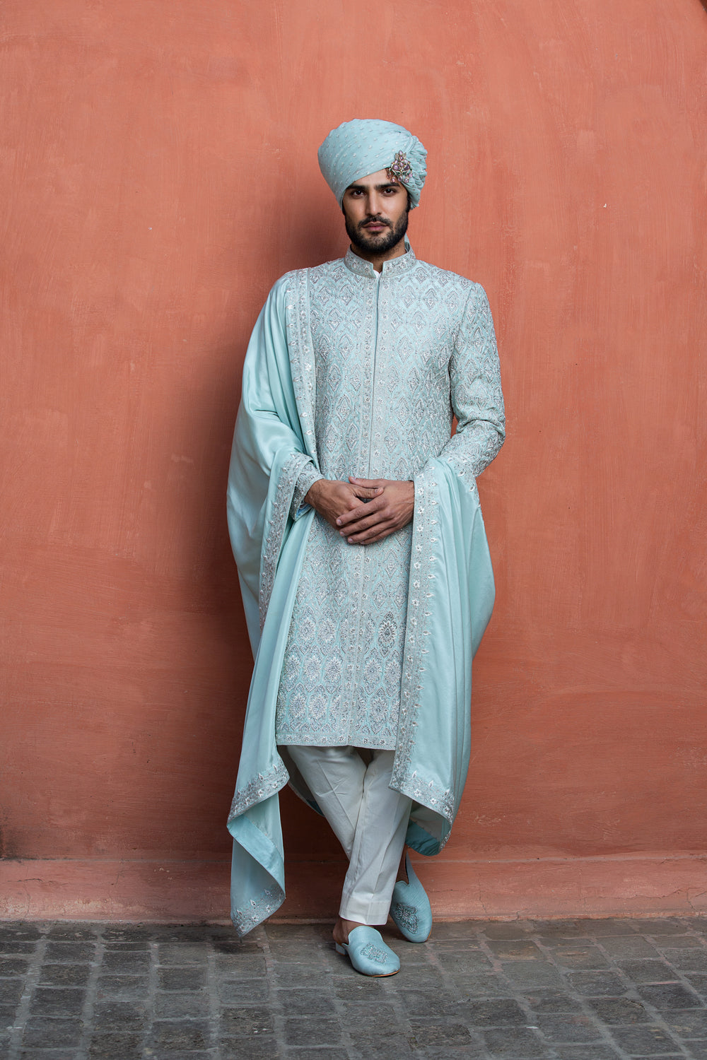 AQUA BLUE DUPION SILK EMBROIDERED ACHKAN WITH MONGA KURTA AND PANT