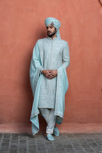 Load image into Gallery viewer, AQUA BLUE DUPION SILK EMBROIDERED ACHKAN WITH MONGA KURTA AND PANT
