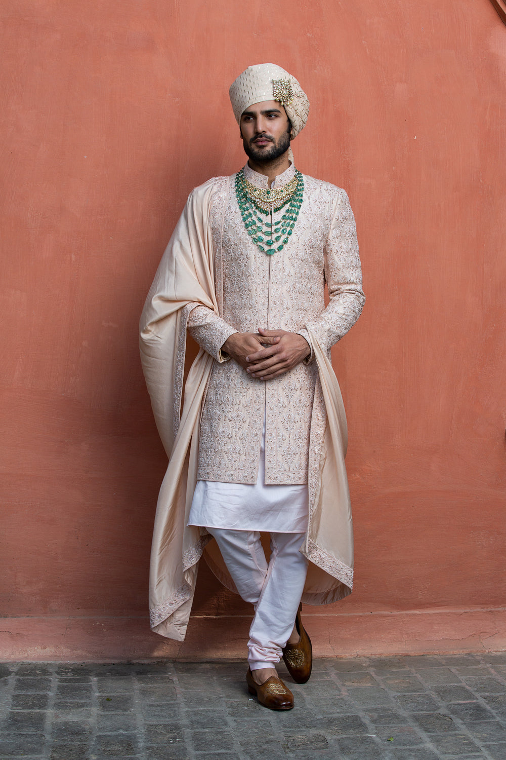 NUDE TAFETTA SILK EMBROIDERED SHERWANI WITH KURTA AND CHURIDAR