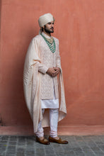 Load image into Gallery viewer, NUDE TAFETTA SILK EMBROIDERED SHERWANI WITH KURTA AND CHURIDAR
