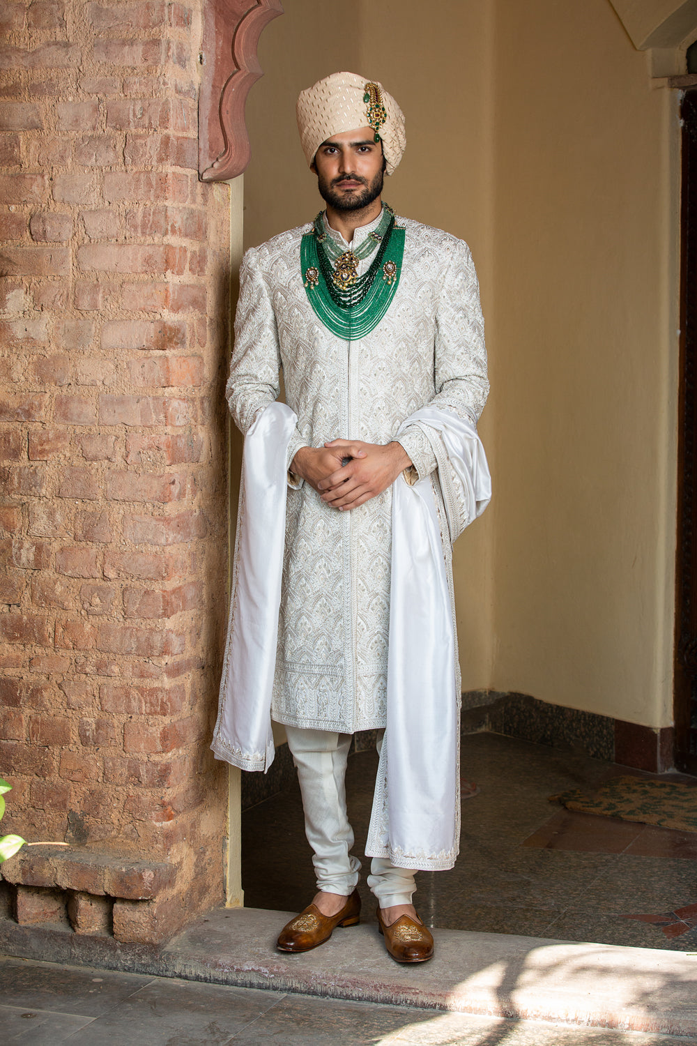 IVORY TAFETTA ACHKAN AND BELT ALL OVER EMBROIDERED WITH MONGA KURTA AND CHURIDAR