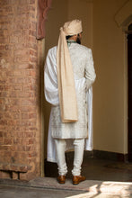 Load image into Gallery viewer, IVORY TAFETTA ACHKAN AND BELT ALL OVER EMBROIDERED WITH MONGA KURTA AND CHURIDAR
