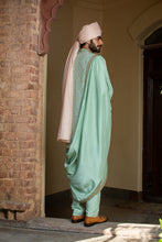 Load image into Gallery viewer, MINT GREEN MONGA EMBROIDERY ACHKAN WITH KURTA AND PANTS
