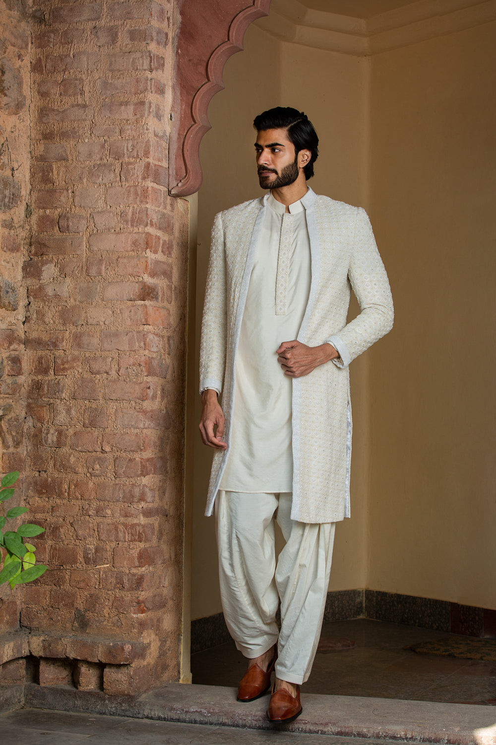 IVORY EMBROIDERED LONG JACKET WITH KURTA AND SALWAR