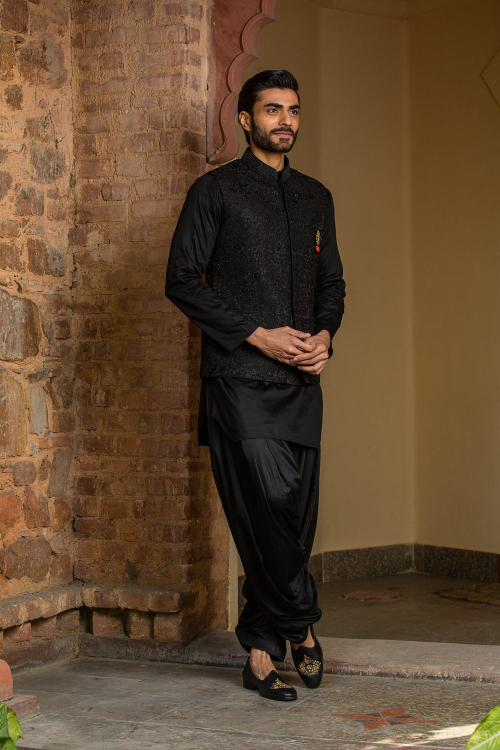 BLACK  KURTA SALWAR WITH RAW SILK ALL OVER EMBROIDERED  NEHRU JACKET