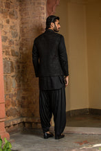 Load image into Gallery viewer, BLACK  KURTA SALWAR WITH RAW SILK ALL OVER EMBROIDERED  NEHRU JACKET
