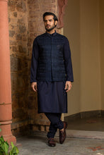 Load image into Gallery viewer, NAVY BLUE KURTA CHURIDAR WITH RAW SILK ALL OVER EMBROIDERED NEHRU JACKET
