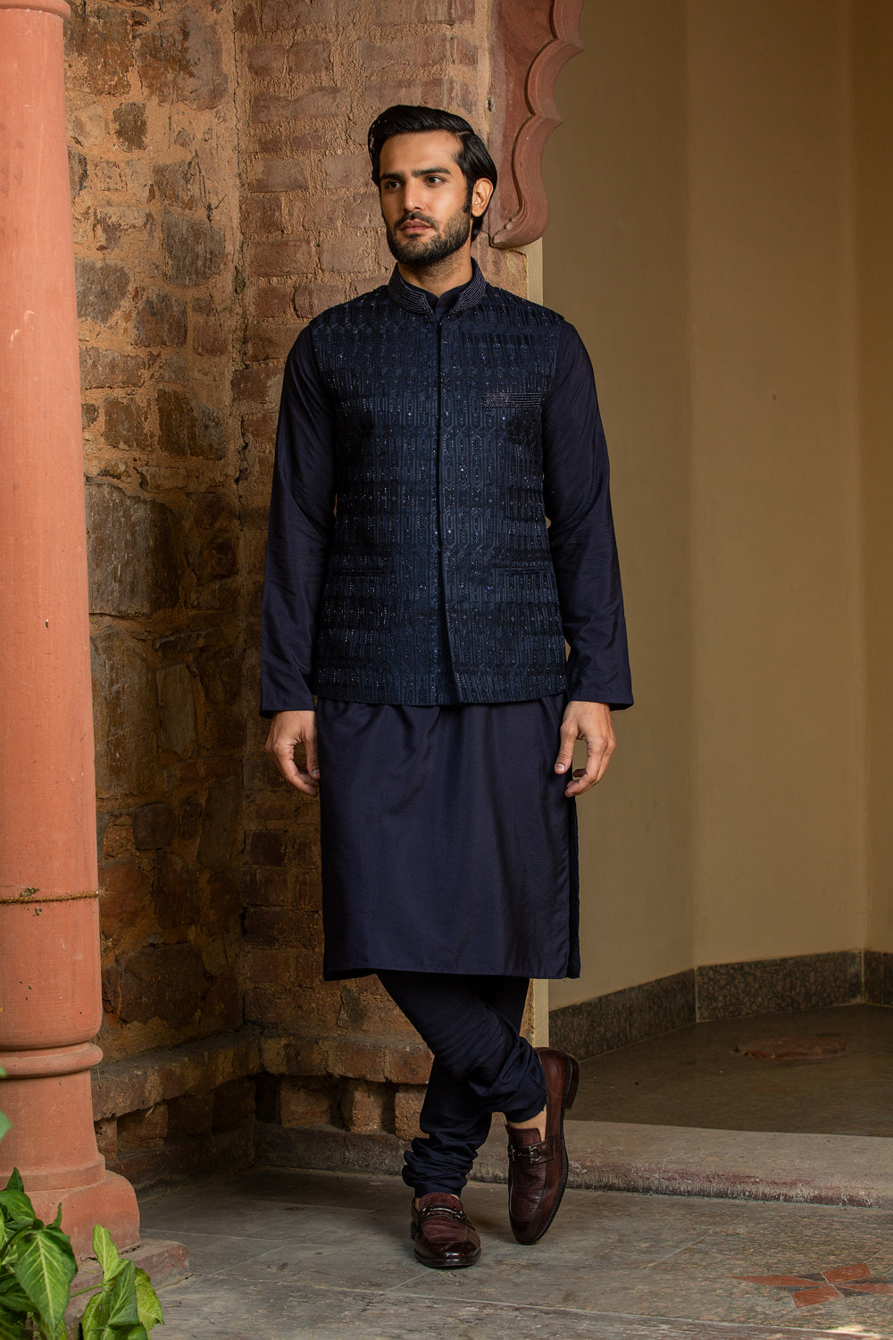 NAVY BLUE KURTA CHURIDAR WITH RAW SILK ALL OVER EMBROIDERED NEHRU JACKET