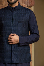 Load image into Gallery viewer, NAVY BLUE KURTA CHURIDAR WITH RAW SILK ALL OVER EMBROIDERED NEHRU JACKET
