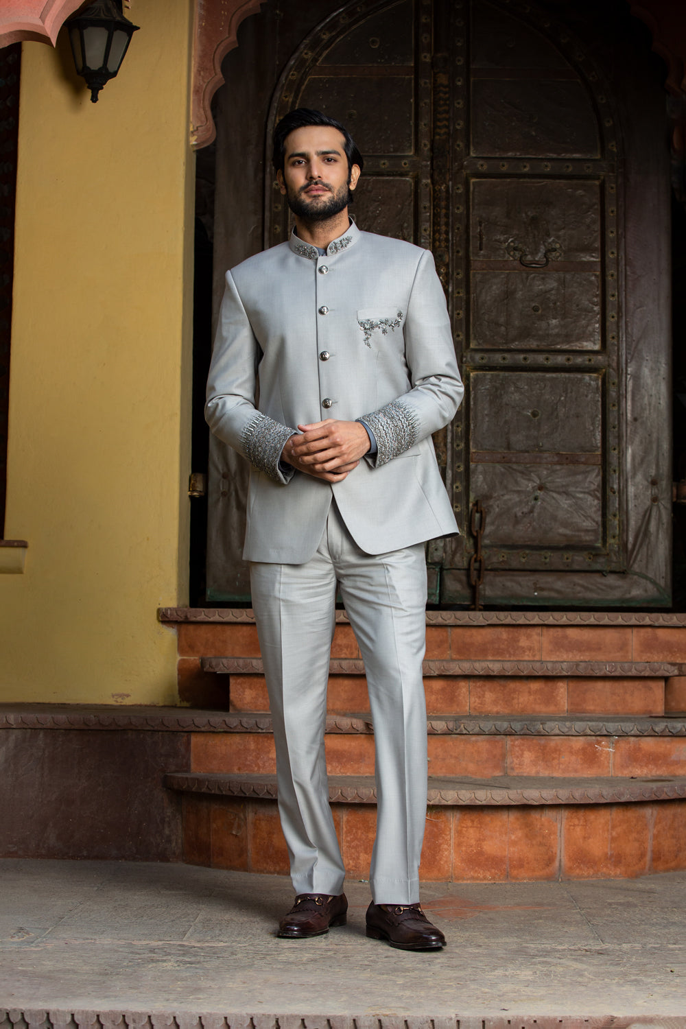 SILVER GREY JODHPUR SUIT ZARDOZI EMBROIDERED