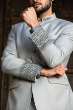 Load image into Gallery viewer, SILVER GREY JODHPUR SUIT ZARDOZI EMBROIDERED
