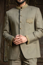 Load image into Gallery viewer, OLIVE GREEN JODHPURI SUIT ZARDOZI EMBROIDERED
