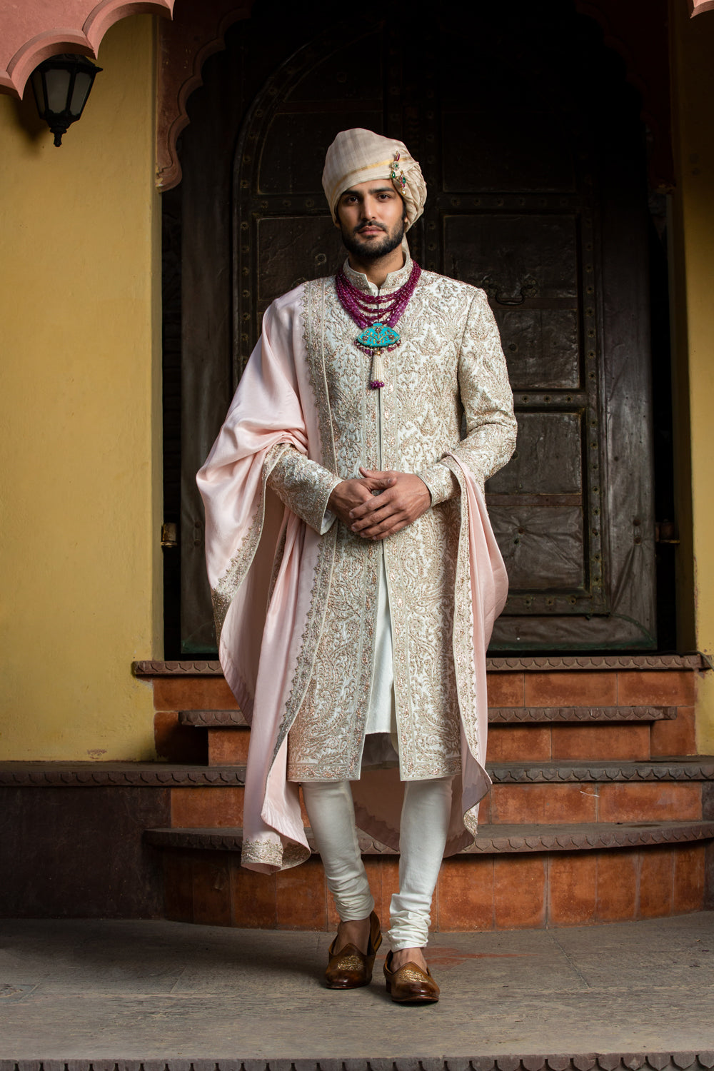 IVORY TAFETTA ACHKAN  ALL OVER EMBROIDERED WITH MONGA KURTA AND CHURIDAR