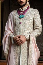 Load image into Gallery viewer, IVORY TAFETTA ACHKAN  ALL OVER EMBROIDERED WITH MONGA KURTA AND CHURIDAR
