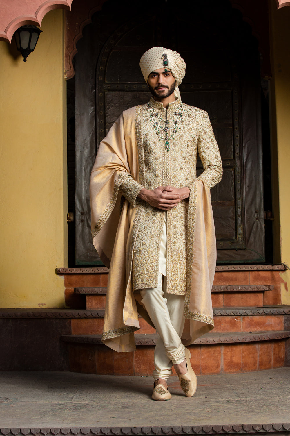 BEIGE ALL OVER  EMBROIDERED ACHKAN WITH MONGA KURTA AND CHURIDAR