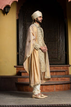 Load image into Gallery viewer, BEIGE ALL OVER  EMBROIDERED ACHKAN WITH MONGA KURTA AND CHURIDAR
