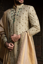 Load image into Gallery viewer, BEIGE ALL OVER  EMBROIDERED ACHKAN WITH MONGA KURTA AND CHURIDAR
