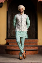 Load image into Gallery viewer, CREAM MATKA EMBROIDERED JACKET WITH MINT GREEN KURTA AND PANTS
