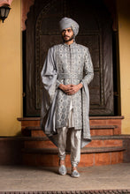 Load image into Gallery viewer, GREY DUPION SILK APPLIQUE  EMBROIDERED ACHKAN AND BELT WITH MONGA KURTA AND CHURIDAR
