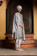 Load image into Gallery viewer, GREY DUPION SILK APPLIQUE  EMBROIDERED ACHKAN AND BELT WITH MONGA KURTA AND CHURIDAR
