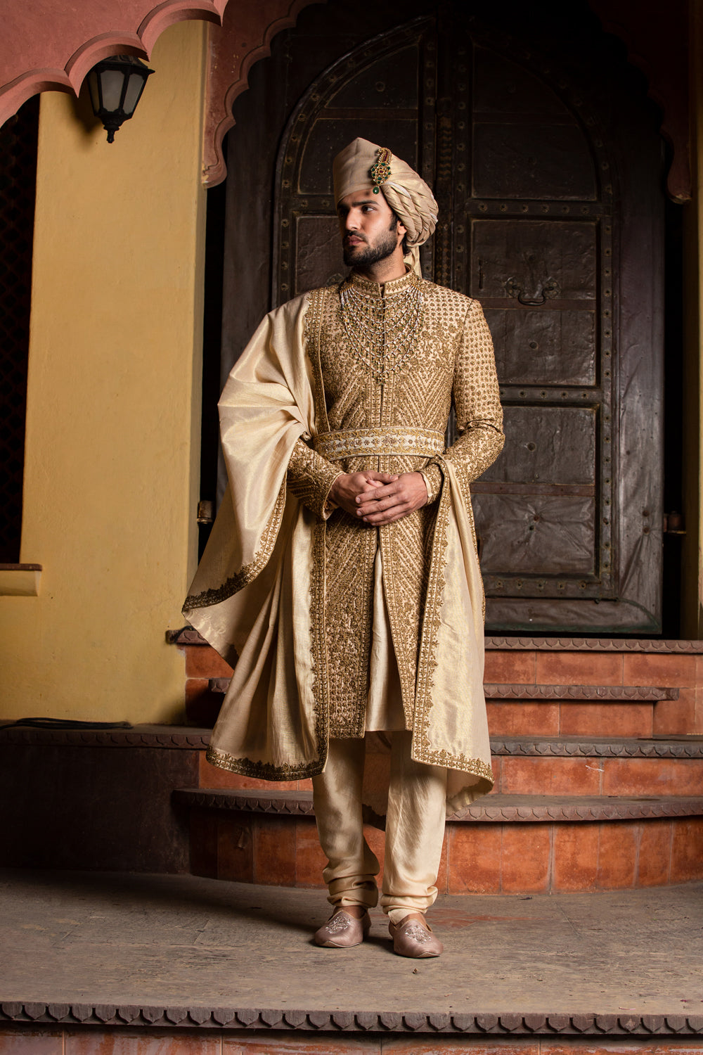 GOLD RAW SILK ANTIQUE EMBROIDERED ACHKAN WITH BELT AND KURTA+CHURIDAR