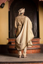 Load image into Gallery viewer, GOLD RAW SILK ANTIQUE EMBROIDERED ACHKAN WITH BELT AND KURTA+CHURIDAR
