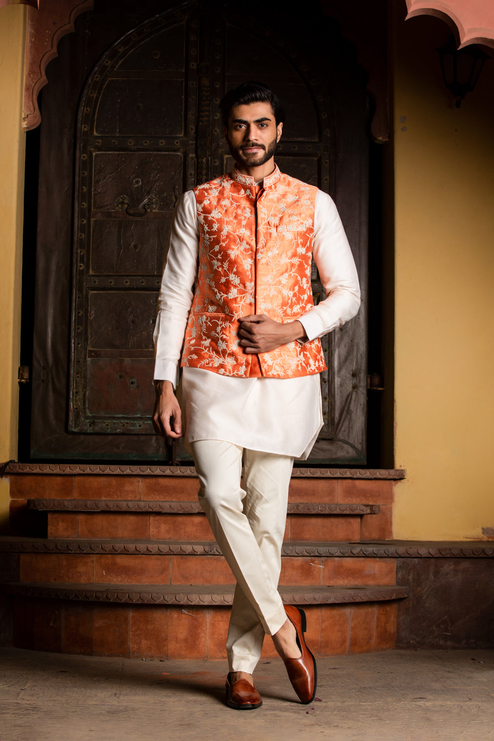 ORANGE RAW SILK EMBROIDERED  NEHRU JACKET WITH KURTA AND PANT