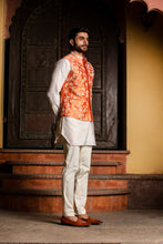 Load image into Gallery viewer, ORANGE RAW SILK EMBROIDERED  NEHRU JACKET WITH KURTA AND PANT
