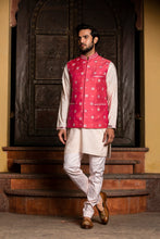 Load image into Gallery viewer, BLUSH  KURTA TROUSER WITH  CORAL EMBROIDERED RAW SILK  JACKET
