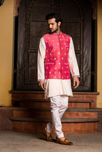 Load image into Gallery viewer, BLUSH  KURTA TROUSER WITH  CORAL EMBROIDERED RAW SILK  JACKET
