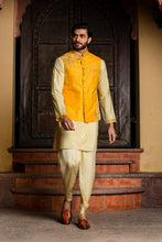 Load image into Gallery viewer, LEMON KURTA DHOTI SET WITH YELLOW  RAW SILK EMBROIDERED JACKET
