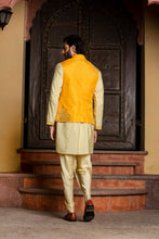 Load image into Gallery viewer, LEMON KURTA DHOTI SET WITH YELLOW  RAW SILK EMBROIDERED JACKET
