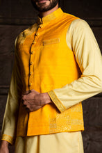 Load image into Gallery viewer, LEMON KURTA DHOTI SET WITH YELLOW  RAW SILK EMBROIDERED JACKET
