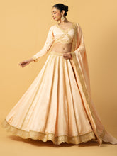 Load image into Gallery viewer, Peach modal satin full sleeve lehenga with hand embroidered work and lace on dupatta
