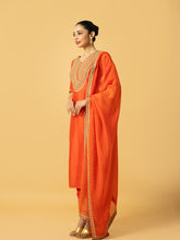 Load image into Gallery viewer, Orange chanderi silk 3 quarter sleeve kurta salwar with hand embroidery &amp; organza dupatta with hand embroidery
