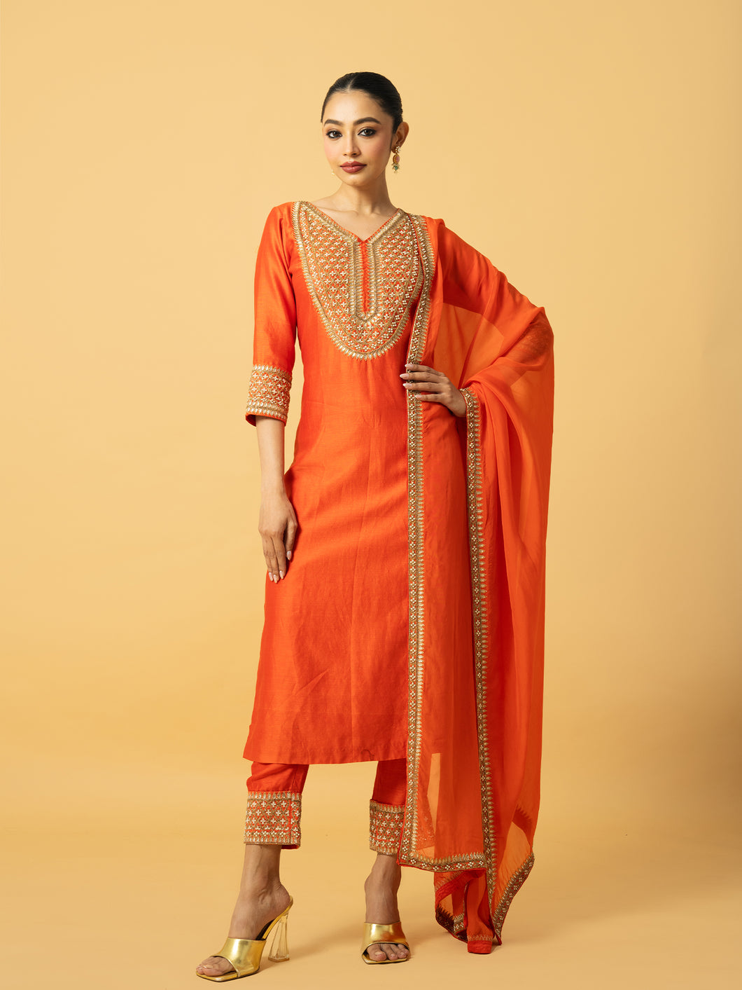 Orange chanderi silk 3 quarter sleeve kurta salwar with hand embroidery & organza dupatta with hand embroidery