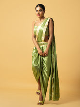 Load image into Gallery viewer, Bright mint green modal satin dhoti saree with hand embroidery on blouse &amp; golden lace on saree pallu
