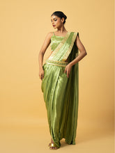 Load image into Gallery viewer, Bright mint green modal satin dhoti saree with hand embroidery on blouse &amp; golden lace on saree pallu
