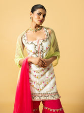 Load image into Gallery viewer, Ivory chanderi silk kurta , fuschia pink georgette Sharara with lime green &amp; pink soft net dupatta , hand work on kurta &amp; Sharara
