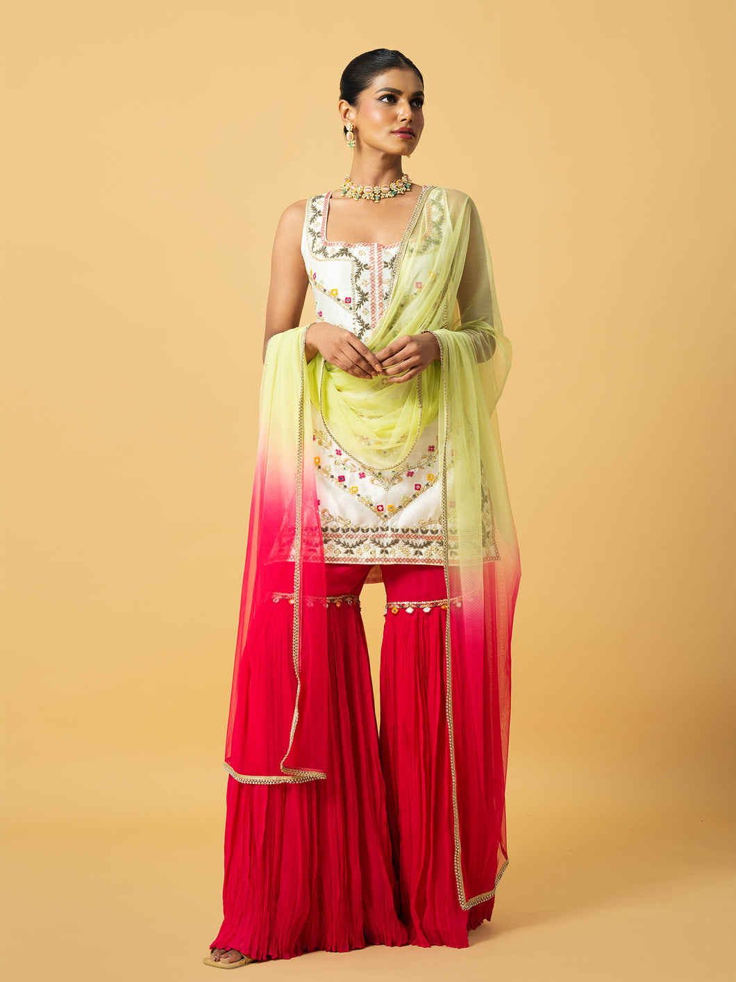 Ivory chanderi silk kurta , fuschia pink georgette Sharara with lime green & pink soft net dupatta , hand work on kurta & Sharara