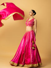 Load image into Gallery viewer, Pink Ombre modal satin lehenga with hand embroidered work and lace on dupatta
