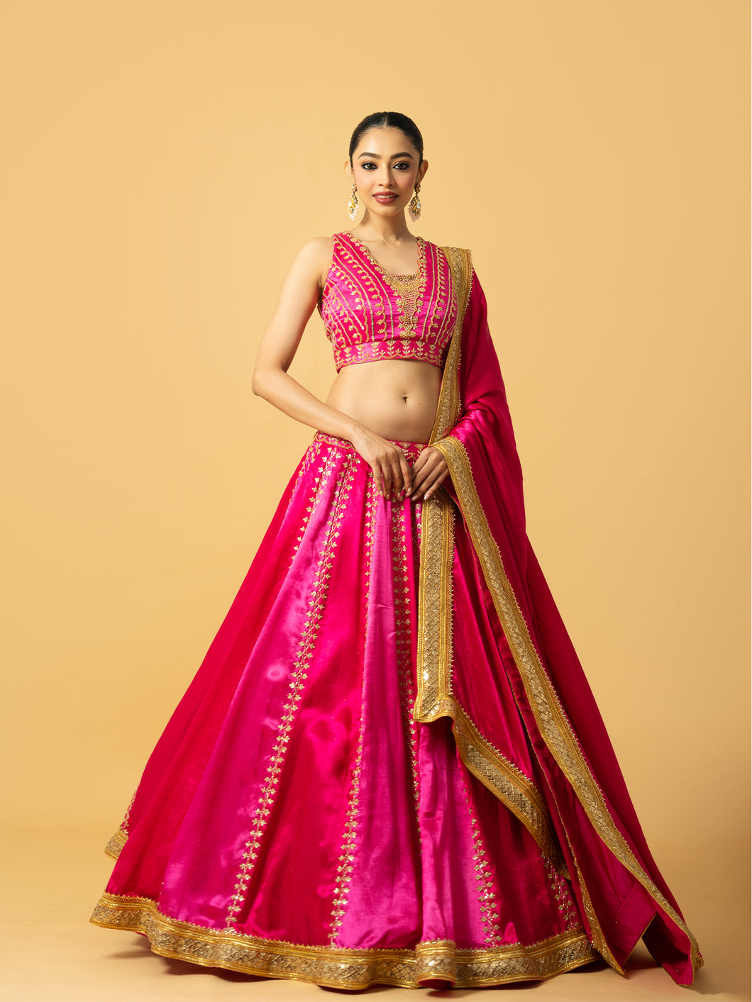 Pink Ombre modal satin lehenga with hand embroidered work and lace on dupatta