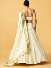 Load image into Gallery viewer, Ivory modal satin lehenga with golden lace in dupatta
