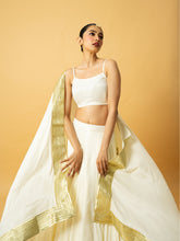 Load image into Gallery viewer, Ivory modal satin lehenga with golden lace in dupatta
