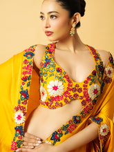 Load image into Gallery viewer, Golden yellow modal satin saree with multi coloured 3D work on blouse and saree edge
